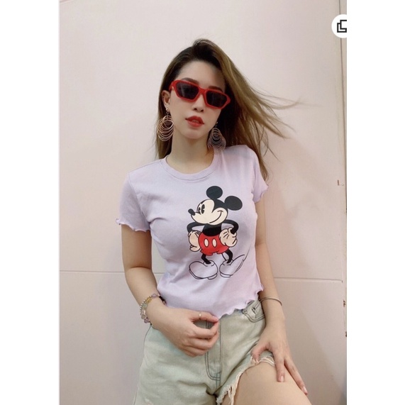 Áo croptop ôm xoăn lai in chuột Micky vnxk