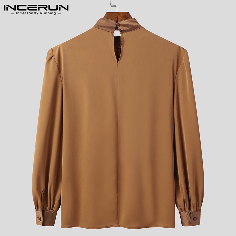 Áo kiểu INCERUN cổ lọ tay dài xếp ly màu trơn phong cách vintage thời trang cho nam