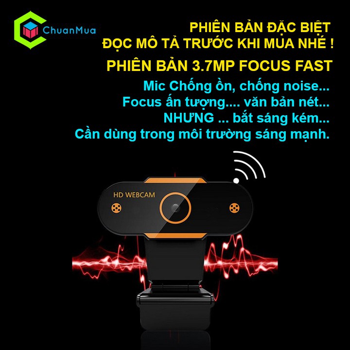 Webcam Máy tính Có Mic, Học Zoom Online, tích hợp Micro độ phân giải 1080P ( Kèm Đèn Bàn - Phiên Bản 3.7MP FOCUS FAST )