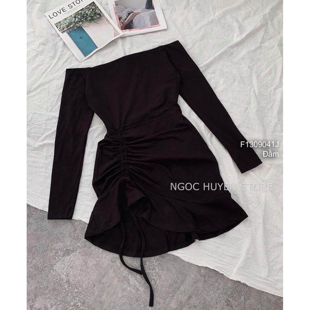 Đầm body thun zip đen rút dây bẹt vai tay dài!
