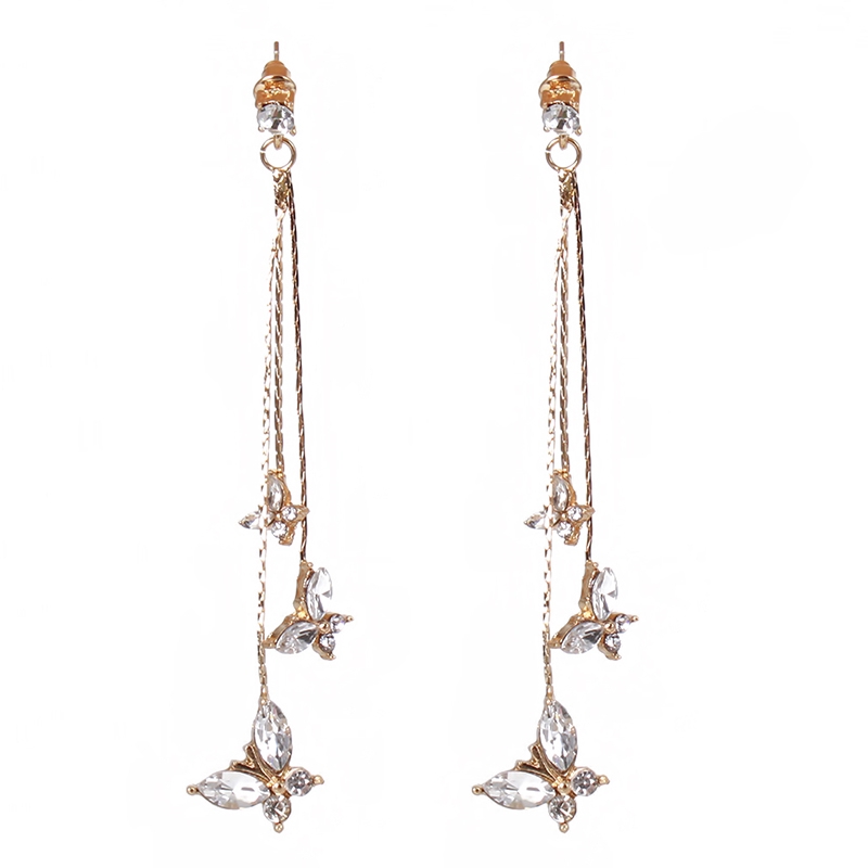 Butterfly Long Tassel Flower Earrings Rhinestone Earrings