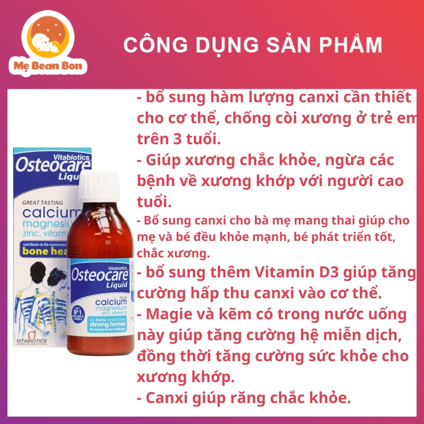 Canxi nước Osteocare Liquid Original 200ml của Anh cho bé từ 3 tuổi bà bầu người lớn giúp hỗ trợ xương khớp khoẻ mạnh