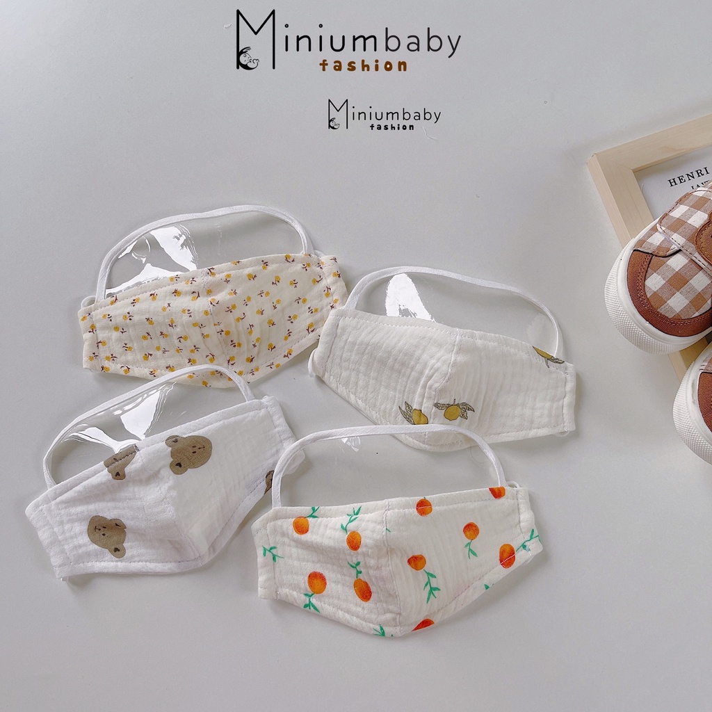 Khẩu trang có kính cho bé gái, bé trai, chất liệu xo muslin màu sắc unisex, miniumbabyfashion