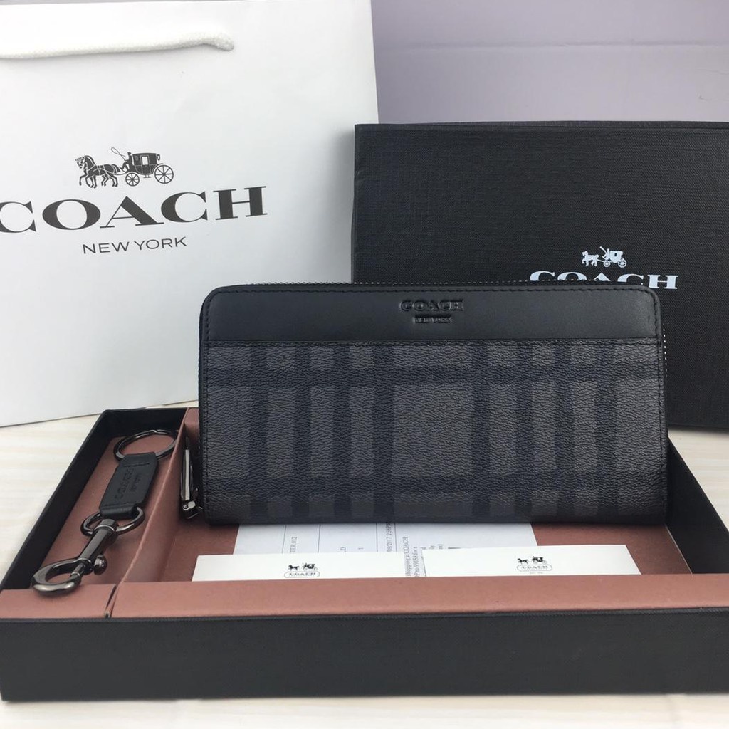 Ví dài COACH F58316 kẻ sọc có khóa kéo thời trang cho nam