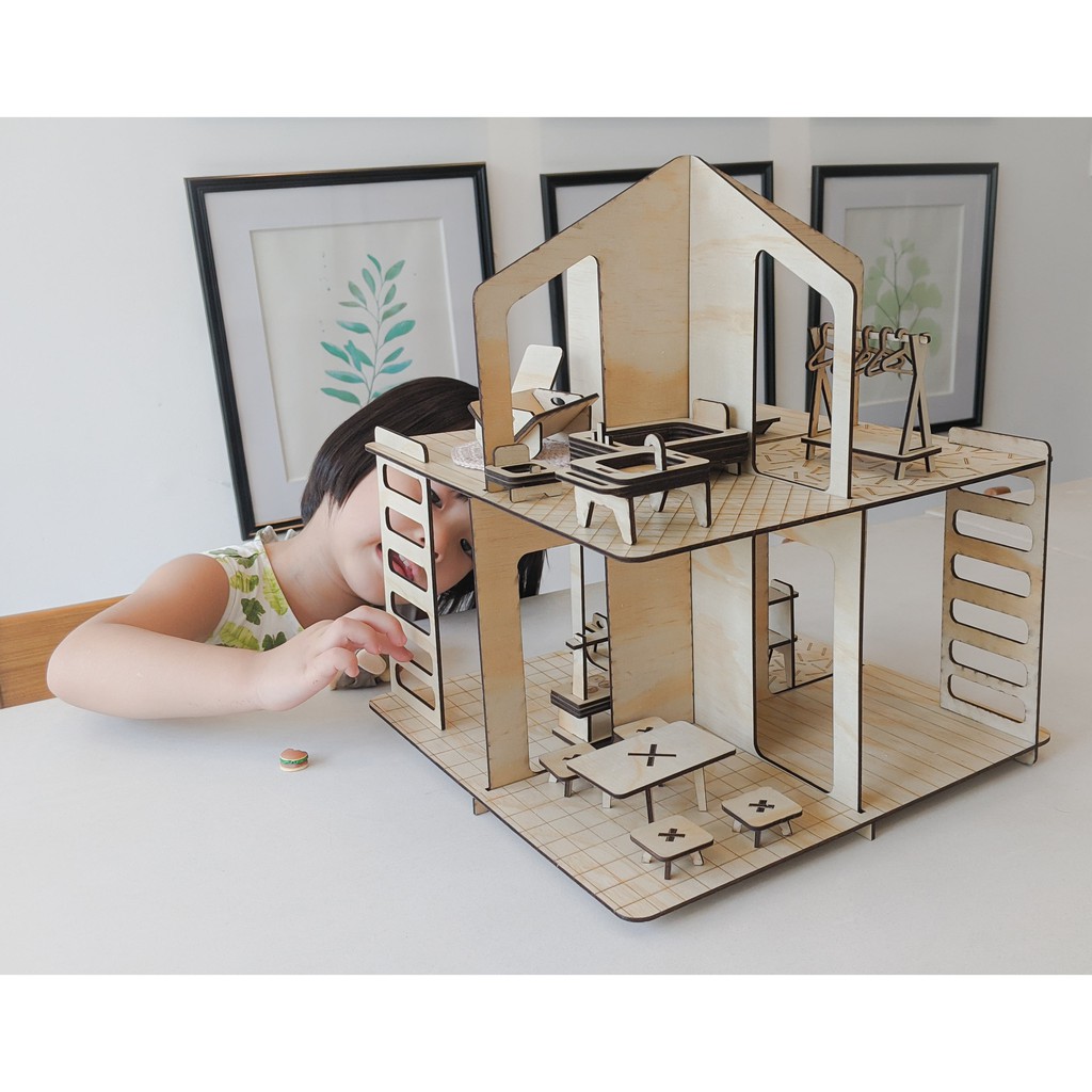 Mô hình nhà búp bê gỗ kèm nội thất lắp ráp