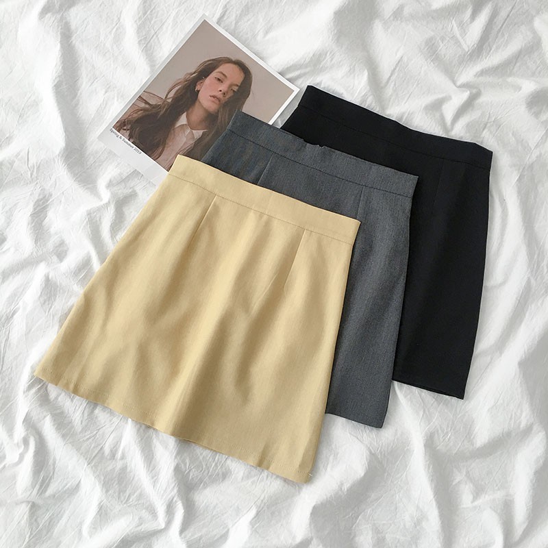 Chân váy ngắn trơn Retro Lưng cao Dáng chữ A Có Lót quần Ulzzang Hàn Quốc Cạp cao Thời trang