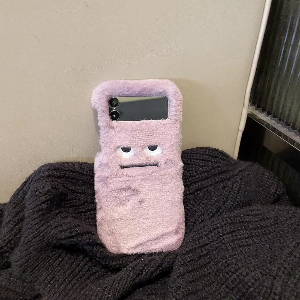 Bao Da Điện Thoại Nắp Gập Phối Lông Họa Tiết Thêu Vui Nhộn Cho samsung galaxy z flip 4g 5 4 3 flip4 flip3 5g Ốp