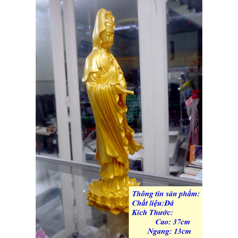 Tượng  Quan Thế Âm Bồ Tát đứng sơn nhũ vàng cao 37cm GIÁ TỐT NHẤT THỊ TRƯỜNG