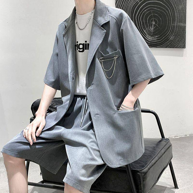 Set áo khoác tay ngắn và quần short dáng rộng phong cách đường phố Hàn Quốc cho nam