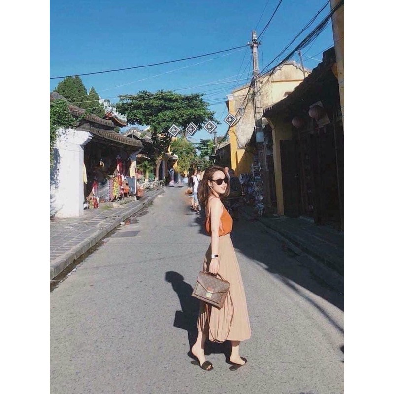 VÁY MIDI MÀU NUDE XẾP LY SIÊU ĐẸP