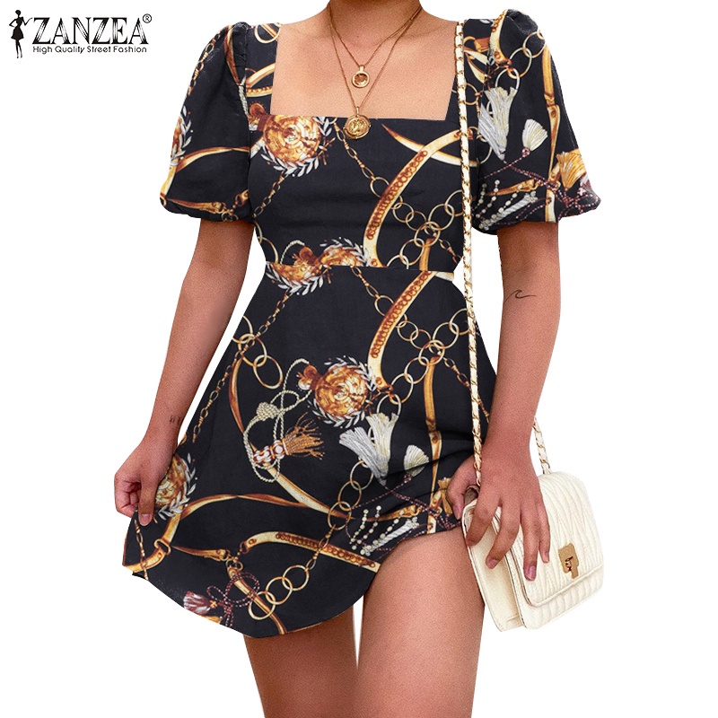 Đầm ngắn ZANZEA thời trang tay phồng cổ áo vuông họa tiết dây mắt xích in giản đơn dành cho nữ