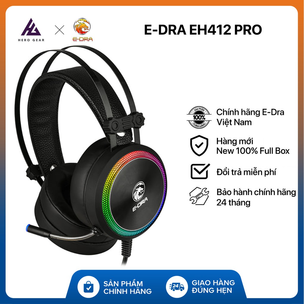 Tai nghe gaming E-Dra EH412 Pro - Giả lập âm thanh vòm 7.1 - LED RGB - Vành tai lớn - Bảo hành 24 th