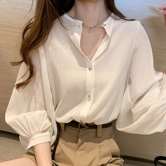 [Có sẵn - Ảnh thật] ÁO SƠ MI ĐŨI TAY BỒNG CỔ TRÒN BUNG CÚC PHONG CÁCH HÀN QUỐC Áo sơ mi học sinh ulzzang