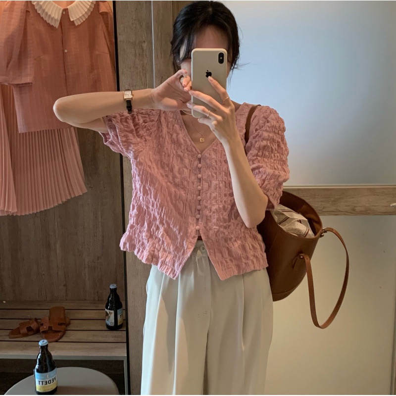 Linki ♡ Áo Kiểu Tay Ngắn Cổ Chữ v Xếp Ly Thời Trang Hàn Quốc Trẻ Trung Cho Nữ