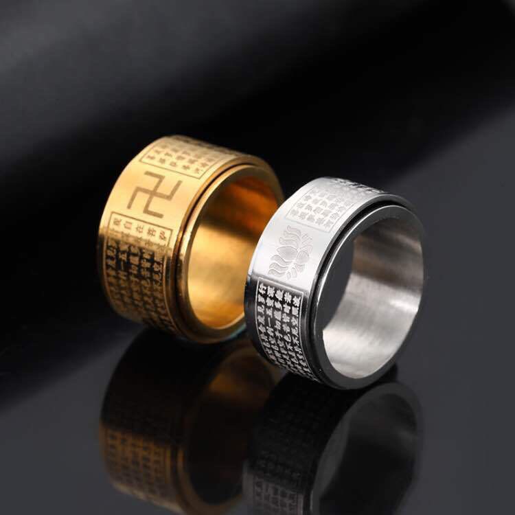 Nhẫn thép titan hình trái tim khắc chữ phong cách Phật giáo