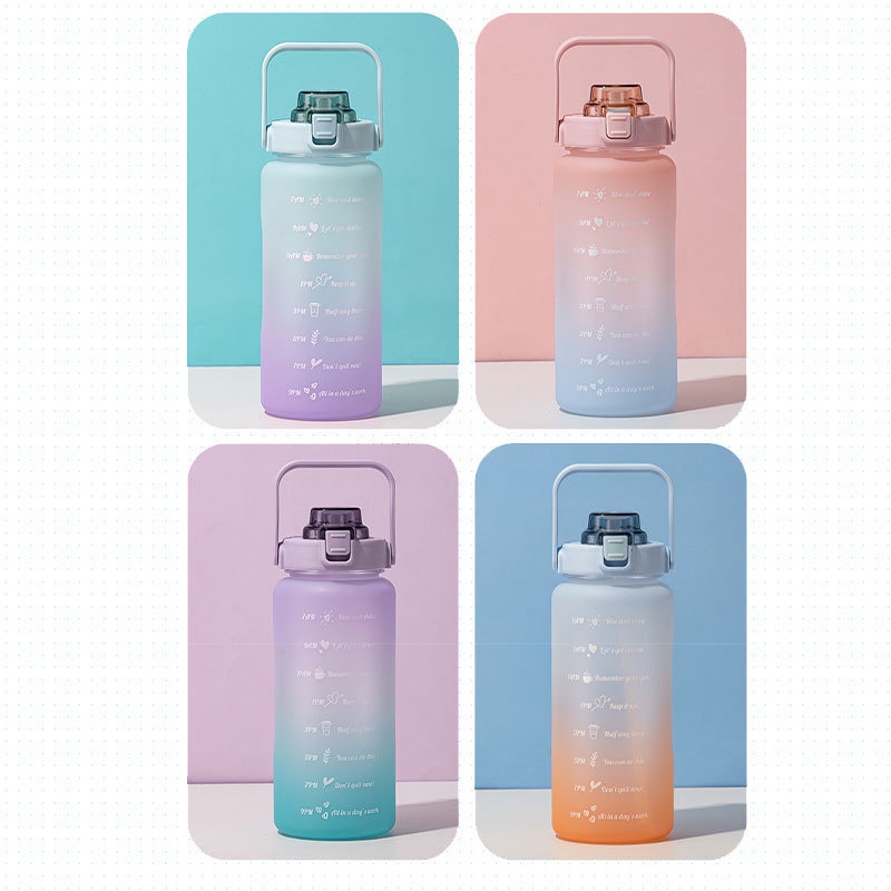 Bình đựng nước 2 Lít có vạch chia thời gian trong suốt, ống hút, mang theo đi tập gym, tập thể thao tặng kèm Sticker