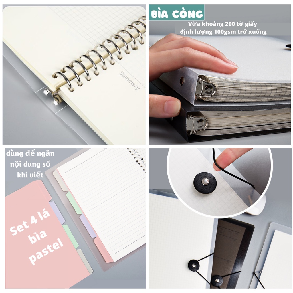 Bìa sổ còng bì thư binder nhựa cứng A5 B5 20 26 lỗ đen trong ruột giấy refill kẻ vuông ngang chấm - Tadaa Gifts