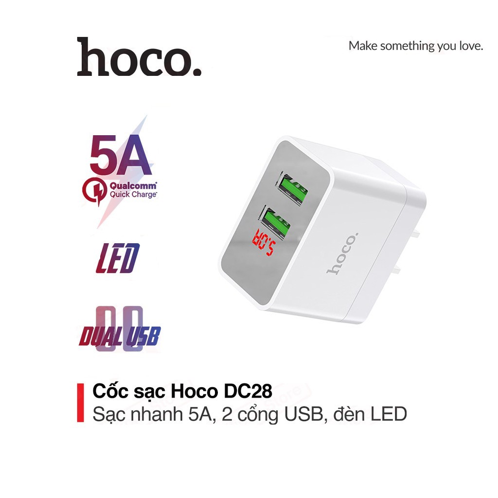 Củ sạc nhanh 5A Hoco DC28 chuôi dẹt vật liệu PC chống cháy trang bị 2 cổng Usb tích hợp đèn Led phù hợp với mọi thiết bị