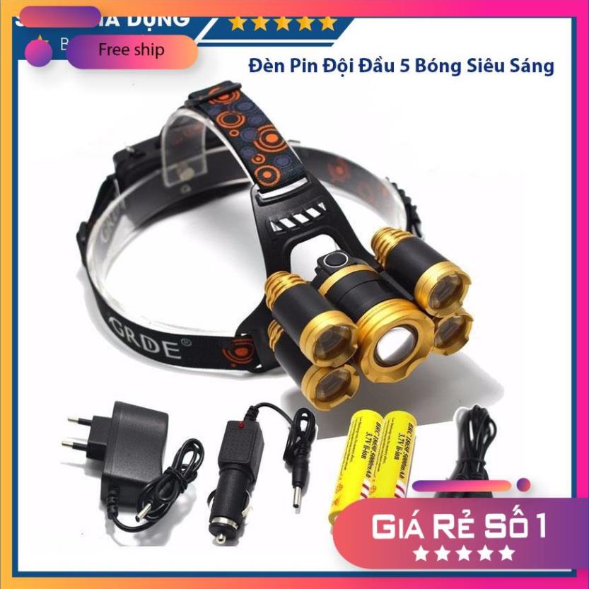 Đèn Pin Đội Đầu 5 Bóng Siêu Sáng Kèm Pin Sạc Siêu Tiện Lợi