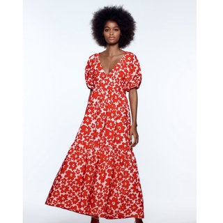 Zara Morocco full tag - Đầm Zara hoa đỏ xanh tay bồng xinh xắn