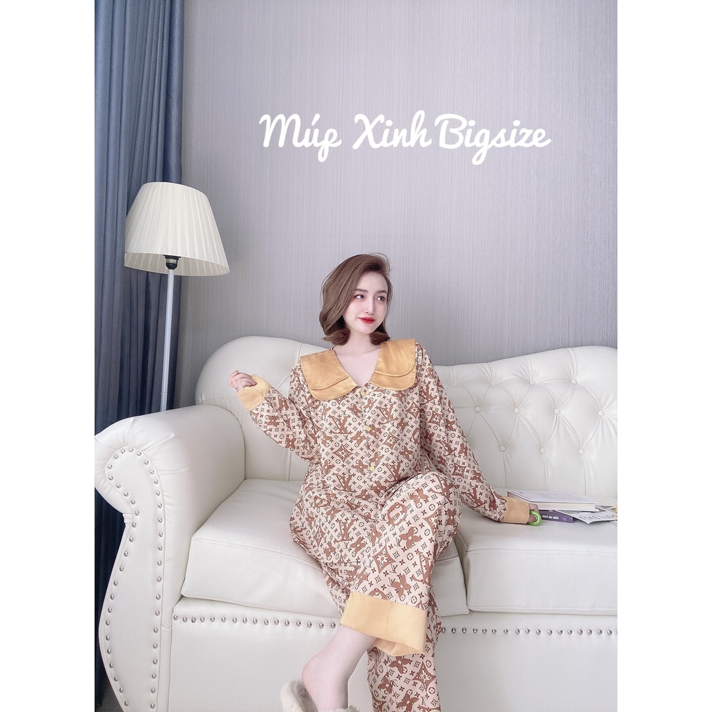 Đồ Bộ Tay Dài 50-100kg Bigsize Lụa Kiểu Dáng Cổ Hai Lá Tiểu Thư Mặc Nhà Cho Nàng Béo Múp