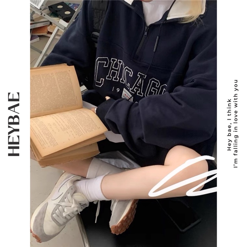 Áo sweater nỉ chui đầu oversize Chicago HEYBAE cổ bẻ khoá kéo dài tay dáng rộng vintage màu navy cho nữ AK004 | BigBuy360 - bigbuy360.vn