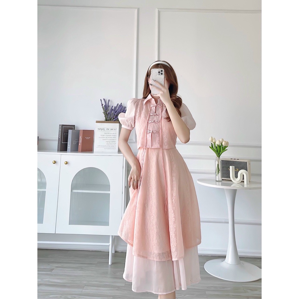 SET ĐẦM HOA NỔI MIDI 2 DÂY REN HOA + ÁO REN NÚT TÀU