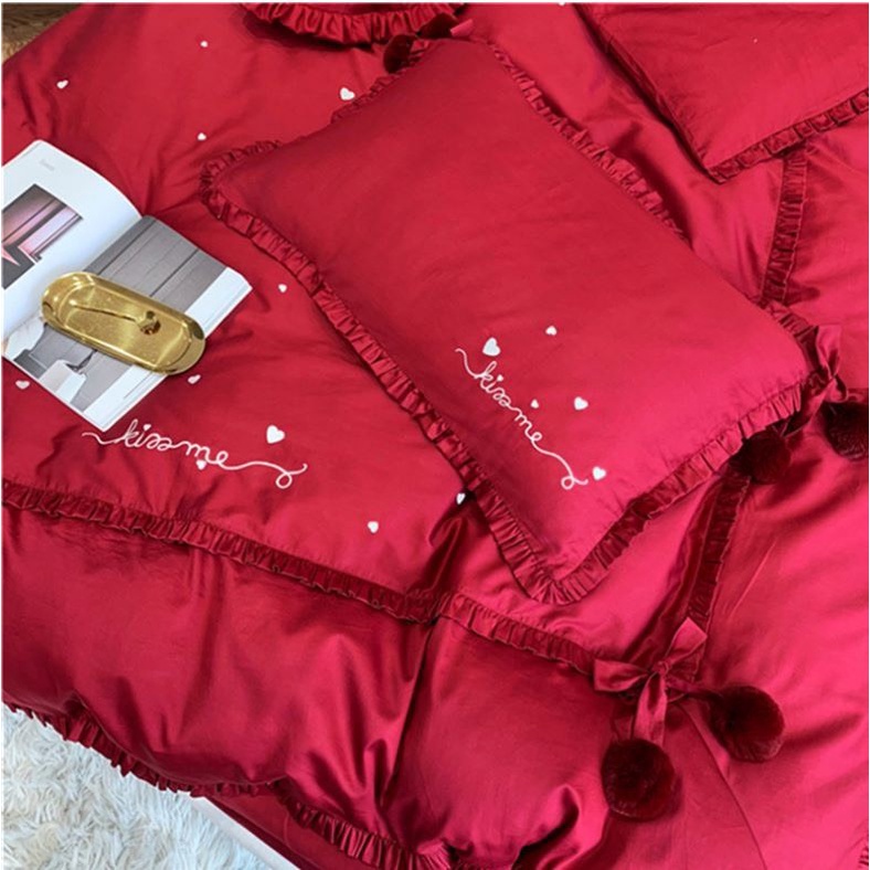 Bộ Chăn Ga Gối Lụa cưới  Kiss Me nơ bông Hàng Cao cấp Siêu Đẹp