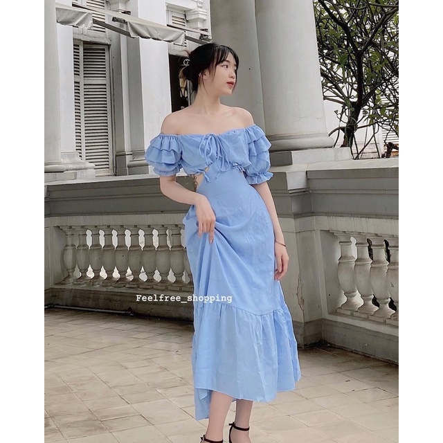 Đầm Xanh/Trắng Feelfree Cổ Vuông Dáng Dài Hở Eo Lưng 2 Lớp Mặc Đi Tiệc, Đi Chơi, Kỷ Yếu (Hình Thật) D003