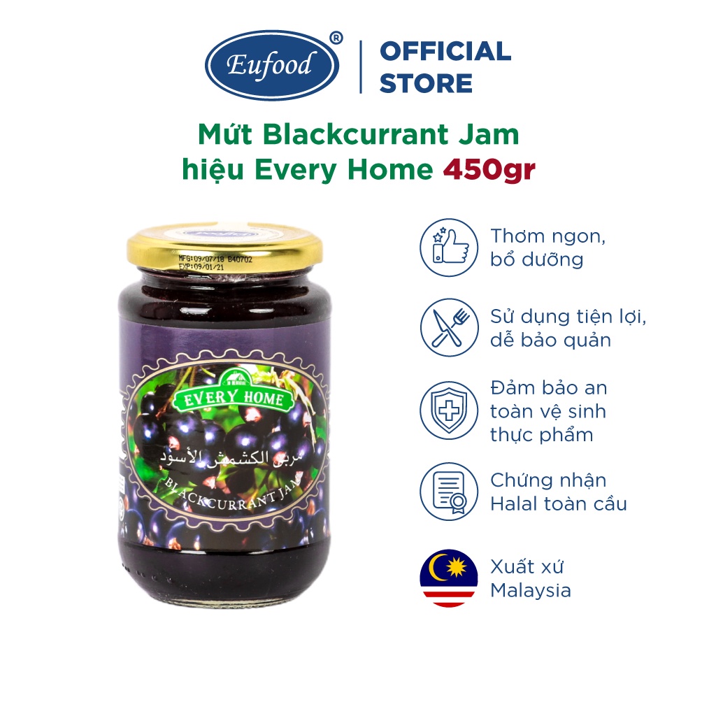 Mứt Blackcurrant Jam hiệu Every Home 450g - Đồ Làm Bánh, Nấu Ăn, Pha Chế - EUFOOD Việt Nam Nhập Khẩu Malaysia
