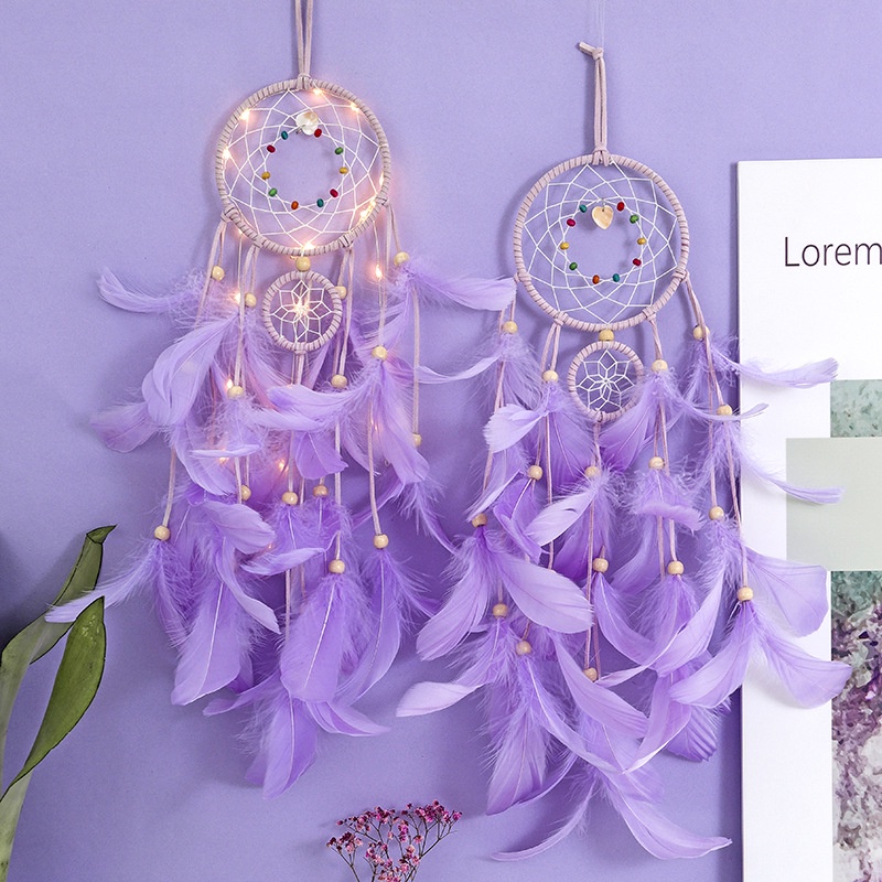 CÓ ĐÈN LED - Dreamcatcher 2 Tầng Gắn Lông Vũ Tặng Kèm Móc Dán Tường