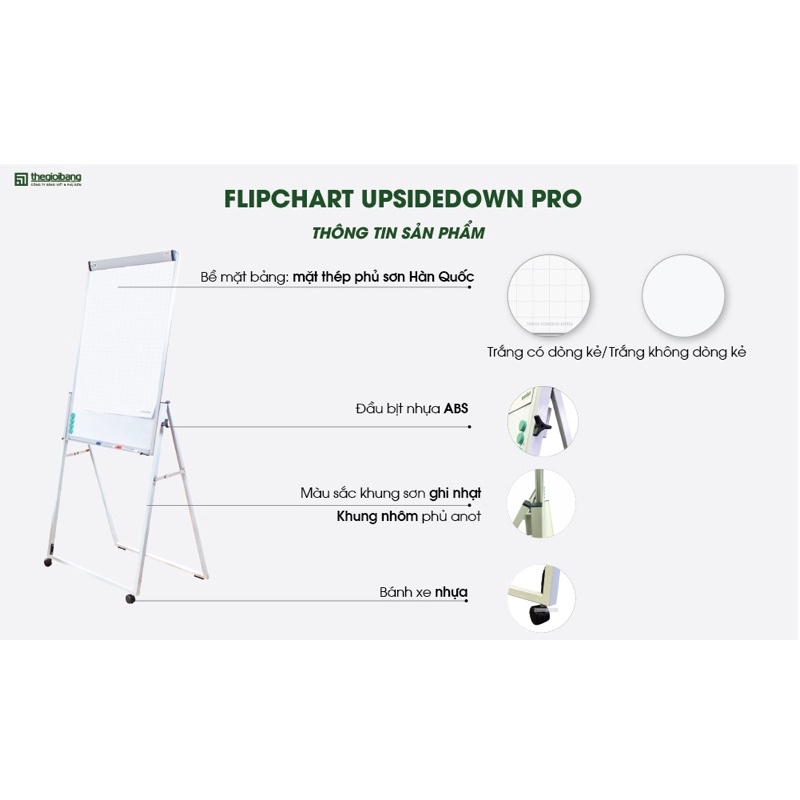 BẢNG FLIPCHART UPSIDEDOWN PRO ,Bảng flipchart văn phòng viết bút lông chân chữ U cao cấp không dòng kẻ kích thước 60x100