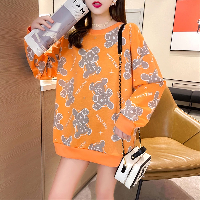 Du YAN Áo Sweater Mỏng Dáng Rộng Dài Qua Gối Tay In Họa Tiết Hoa Và Gấu Nhỏ Mới Cho Nữ