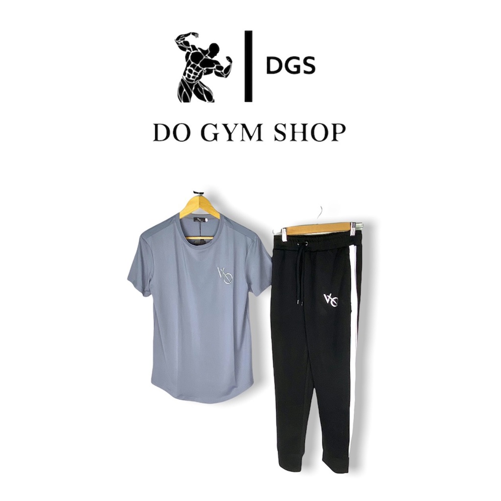 Bộ đồ thun nam thể thao DO GYM SHOP quần kẻ sọc trắng, thun lạnh co giãn 4 chiều thoáng mát