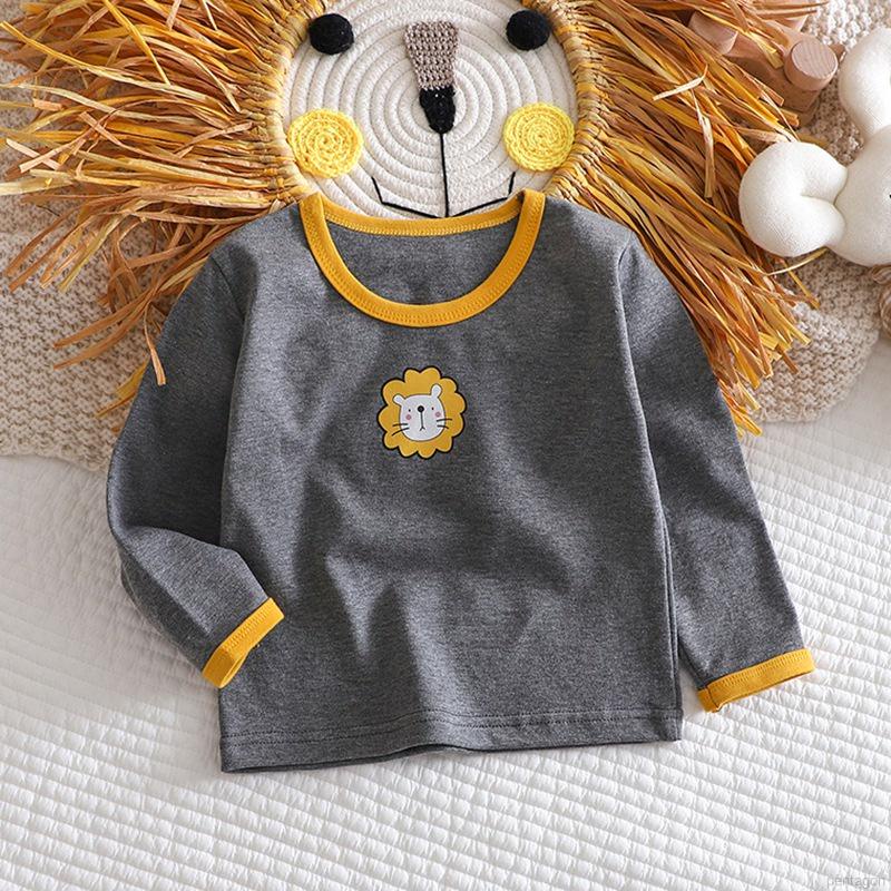Áo thun cotton tay dài cổ tròn in họa tiết hoạt hình đơn giản cho bé từ 0-5 tuổi