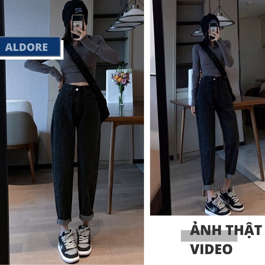 Quần Baggy Jean Nữ Màu Đen Khói Thương Hiệu Aldore Chất Dày Dặn Dáng Dài Học Sinh MSBD1