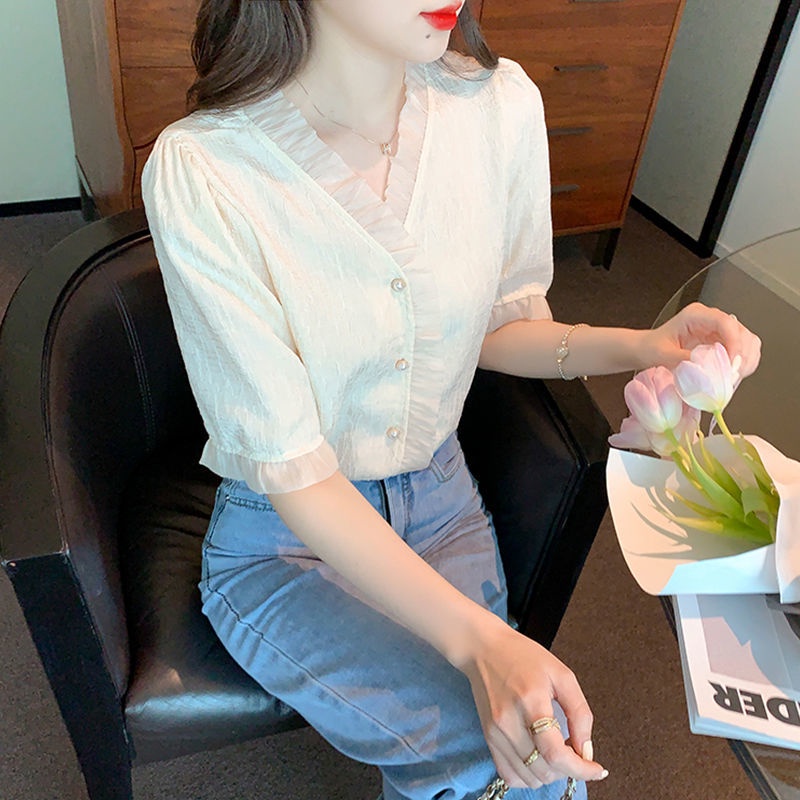 AMOI Áo Voan Tay Phồng Ngắn Cổ Chữ V Xinh Xắn Thời Trang Kiểu Pháp Cho Nữ 2022