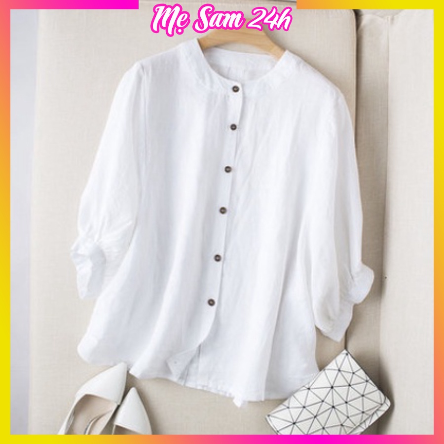 Áo sơ mi đũi nữ bigsize tay lỡ cổ tròn Mẹ Sam 24h chất liệu vải mềm mịn mát, form rộng che khuyết điểm SMH.34