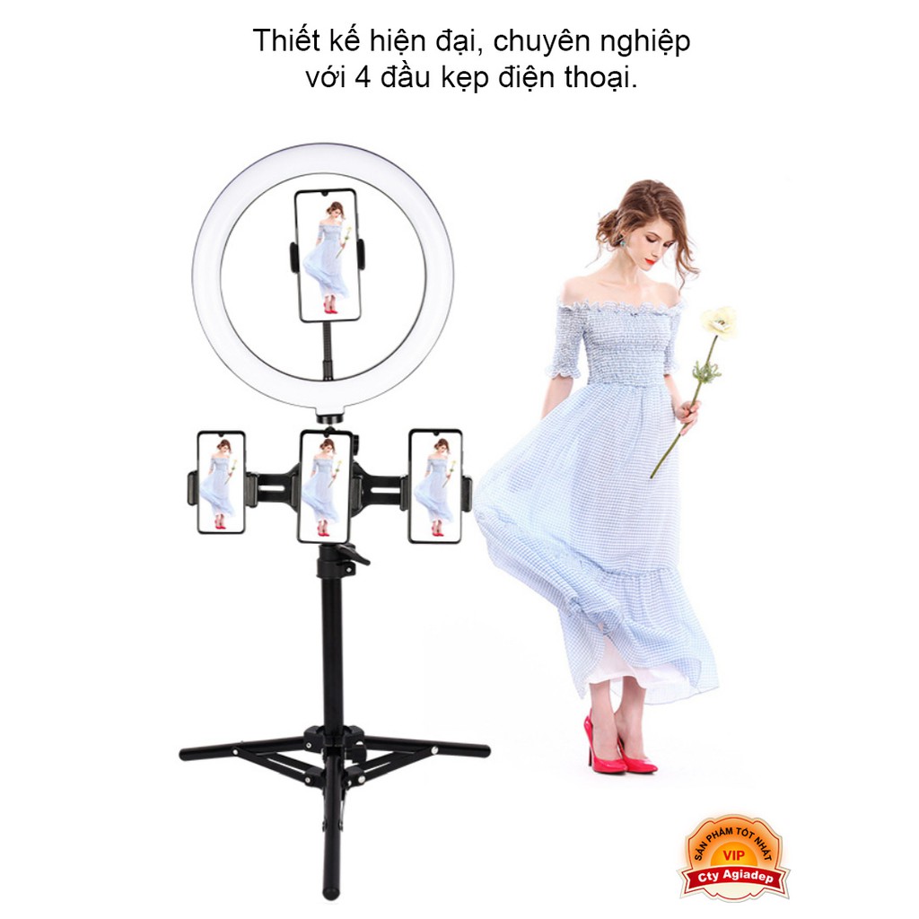 Tripod gậy chụp ảnh quay phim Livestream siêu xịn LED 3 màu, 4 kẹp điện thoại, cao 190cm (3 CHÂN)