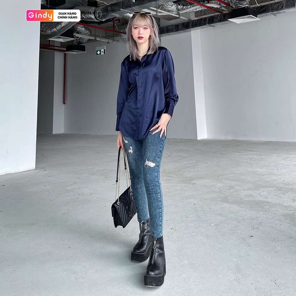 Áo sơ mi nữ form rộng màu xanh cổ đức vải lụa mềm GINDY basic sơmi công sở, sinh viên học sinh A10026