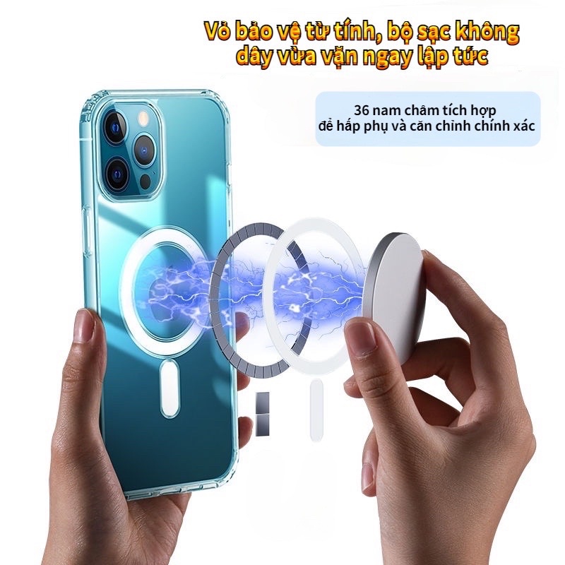 Ốp Lưng iPhone 14 Pro Max, 13, 12, 11, Xs Max, X, 8/7 Plus Hỗ Trợ Sạc Không Dây Magnetic Trong Suốt Chống Sốc 4 Góc