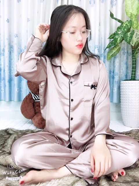 Pizama phi lụa nơ tay dài quần dài