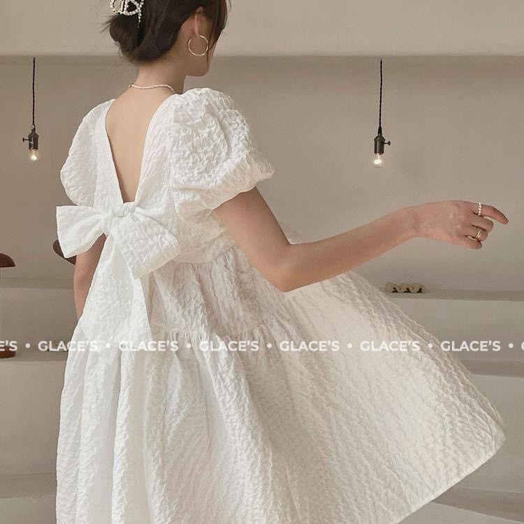 Váy Đầm Babydoll dáng ngắn tay phồng, Đầm xòe cổ vuông thắt nơ hở lưng, vải xốp dày dặn, chuẩn style Hàn Quốc GLACE
