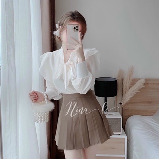 Set áo sơ mi cổ nơ + chân váy xếp ly tiểu thư