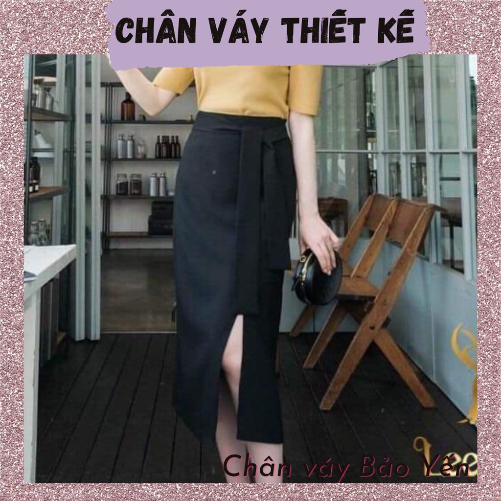 Chân váy bút chì suông xẻ trước thắt dây cạp sang chảnh dài 70cm- M63