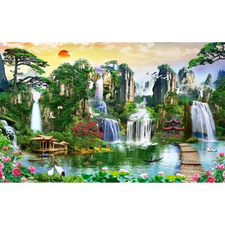 Tranh dán tường 3D Thác nước sơn thủy - vải lụa khổ lớn lên tới 3m- không bong sơn khi bóc