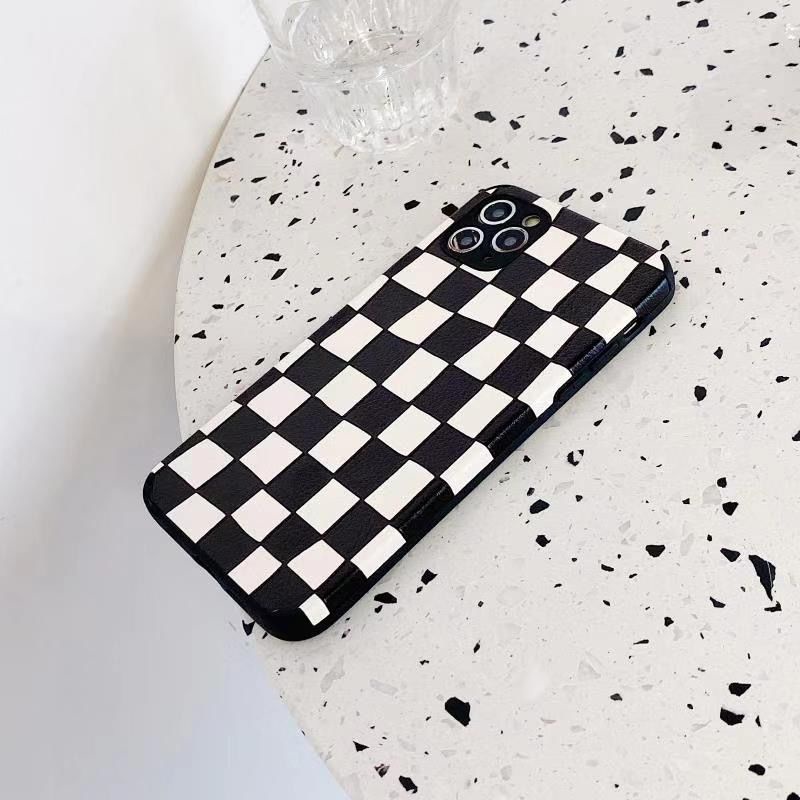 Ốp Điện Thoại Da Cừu Chống Sốc Họa Tiết Sọc Caro Trắng Đen Cho Iphone 11 13 14 pro max xr 12 xs 8plus 7p