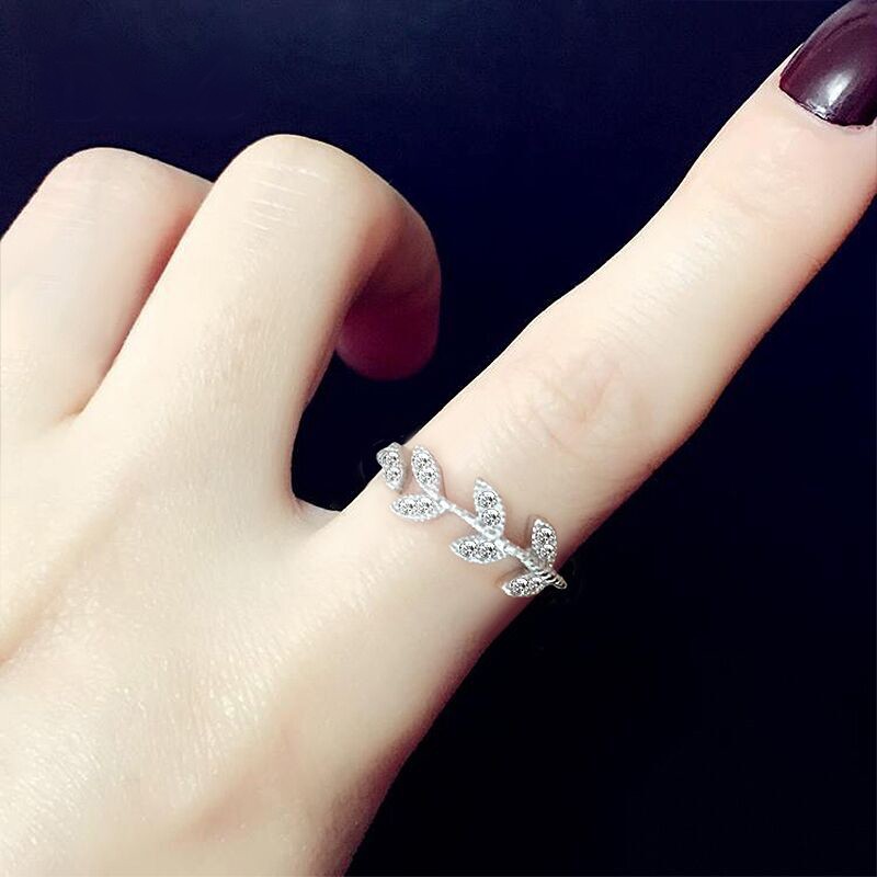 Nhẫn thiết kế hình chiếc lá đính hạt đá zircon nhân tạo đơn giản phong cách Hàn Quốc thời trang