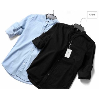 Áo sơ mi denim cổ trụ xanh bạc