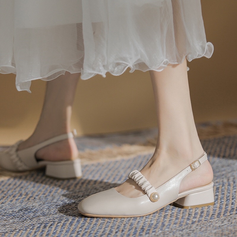 GIày búp bê quai nhún đính ngọc đế 2,5cm nữ tính mã H67